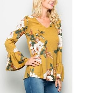 Floral Top with Bell Sleeve in Mustard